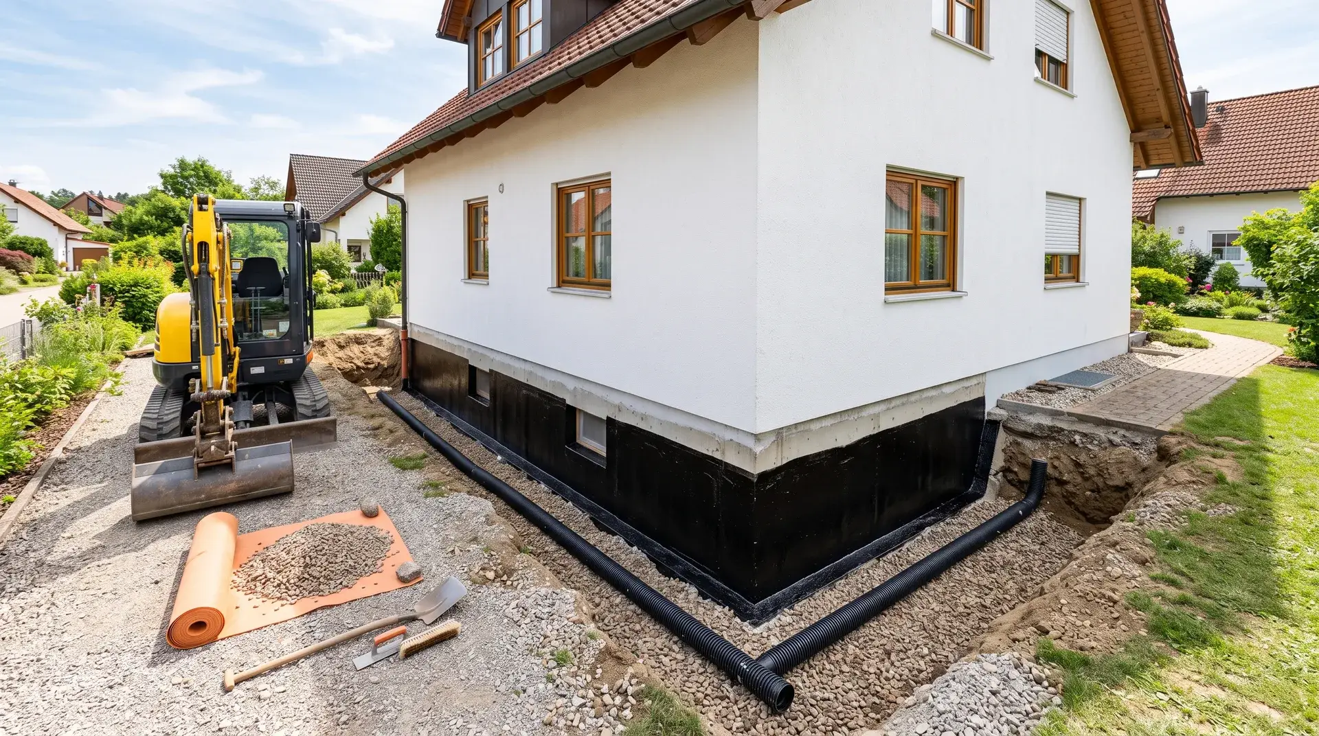 Kellerabdichtung am Einfamilienhaus: freigelegte Kellerwand mit Bitumenabdichtung, Drainagerohr und Minibagger