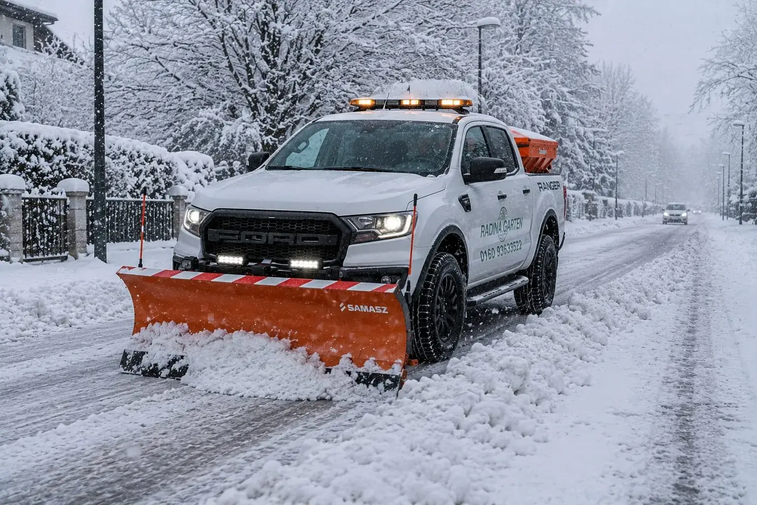 Winterdienst-Pickup mit Räumschild räumt eine verschneite Wohnstraße