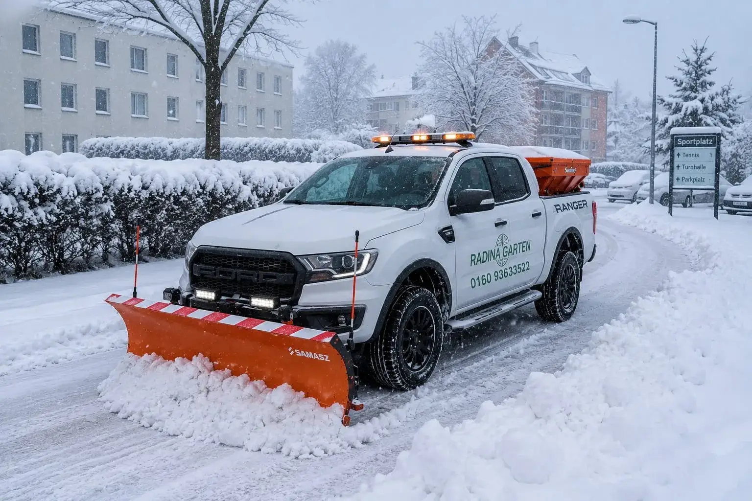 Räumfahrzeug mit Streuaufsatz im Einsatz an einem Sportplatz