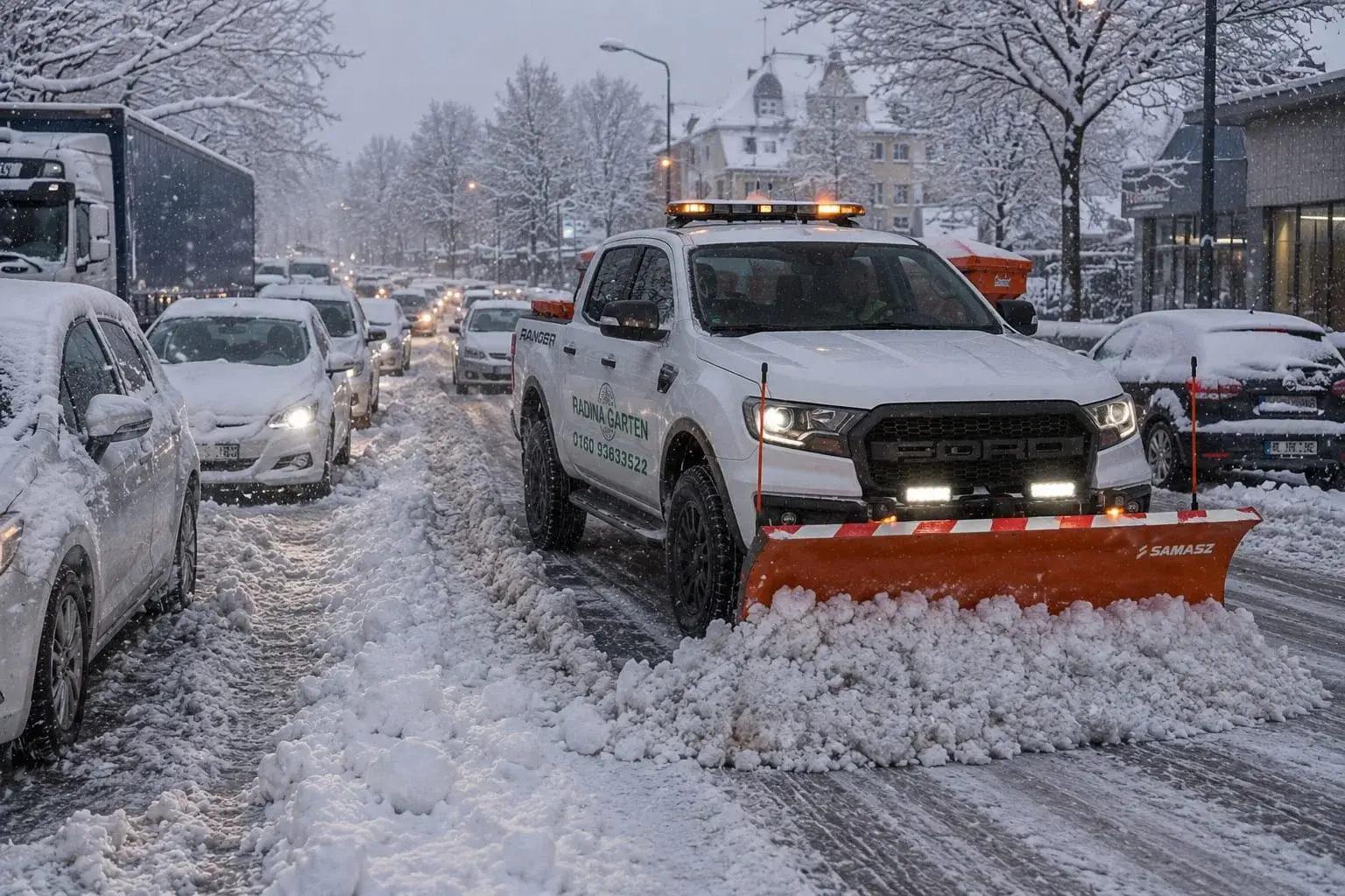 Winterdienst-Pickup räumt die Fahrbahn im Berufsverkehr bei starkem Schneefall