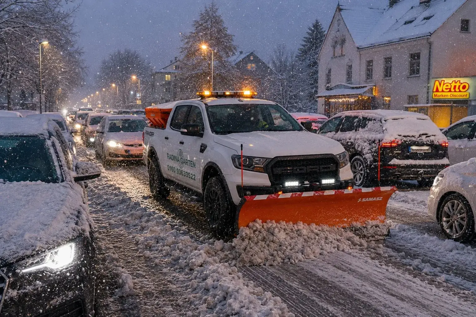 Räumfahrzeug bei abendlichem Schneefall auf schneebedeckter Straße
