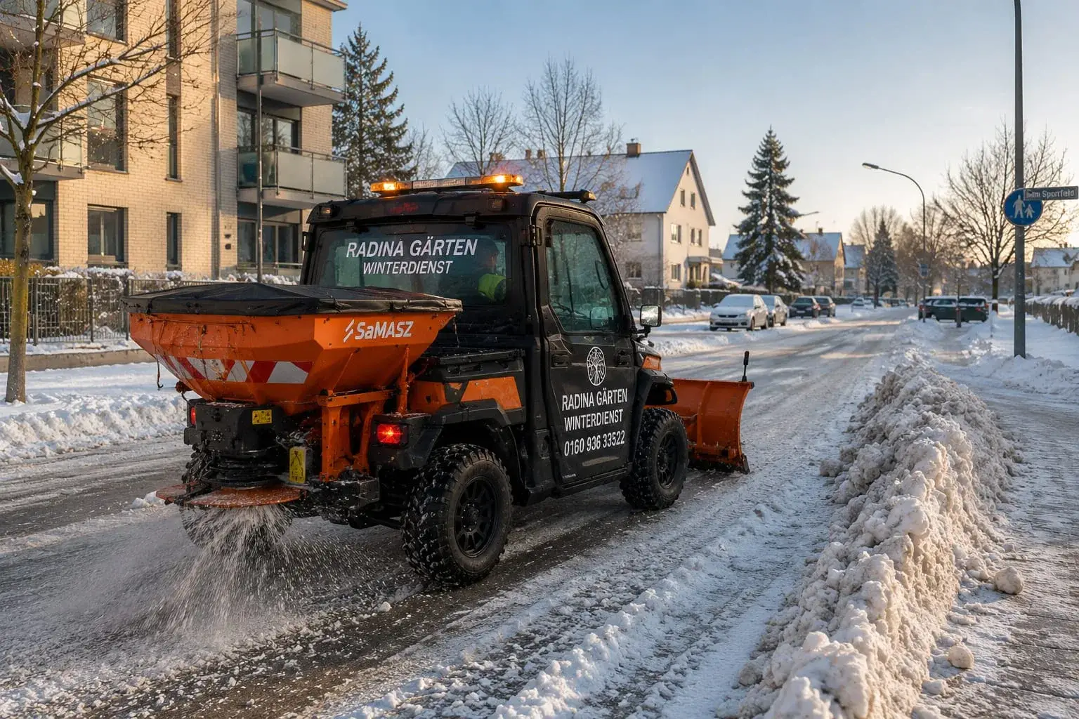 Kompaktes Winterdienst-Fahrzeug streut Salz auf einer Wohnstraße
