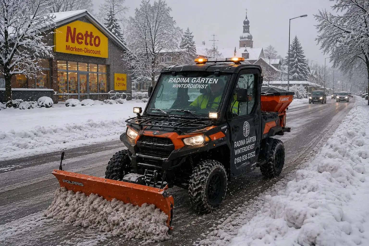 Winterdienst-Fahrzeug mit Räumschild bei dichtem Schneefall im Einsatz