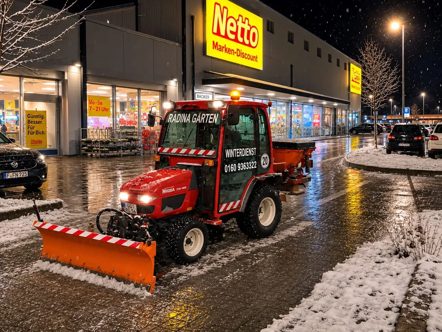 Kommunaltraktor mit Räumschild beim nächtlichen Winterdienst auf einem Parkplatz